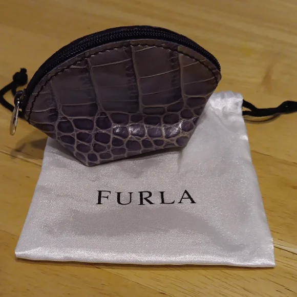 Furla Gray Croc-Embossed Coin Pouch With Dust Bag EUC - Picture 1 of 7